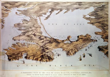 Vista panorâmica do Mar de Azof mostrando a posição dos Aliados, de cartas e planos do governo e de esboços feitos por um engenheiro militar, pub. por Stannard e Dixon, 1855